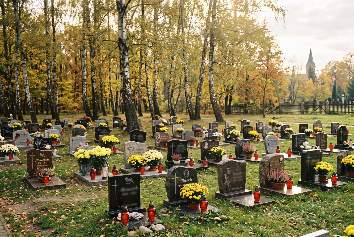 Nagrobki z chryzantemami i zniczami na cmentarzu dla zwierząt jesienią