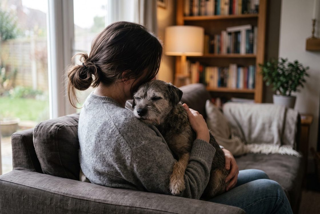 Opiekunka tuląca starszego psa na kanapie w domu, pożegnanie wiernego przyjaciela