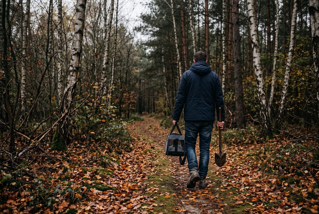 Osoba z transporterem i łopatą w jesiennym lesie, samodzielny pochówek zwierzęcia jest zabroniony
