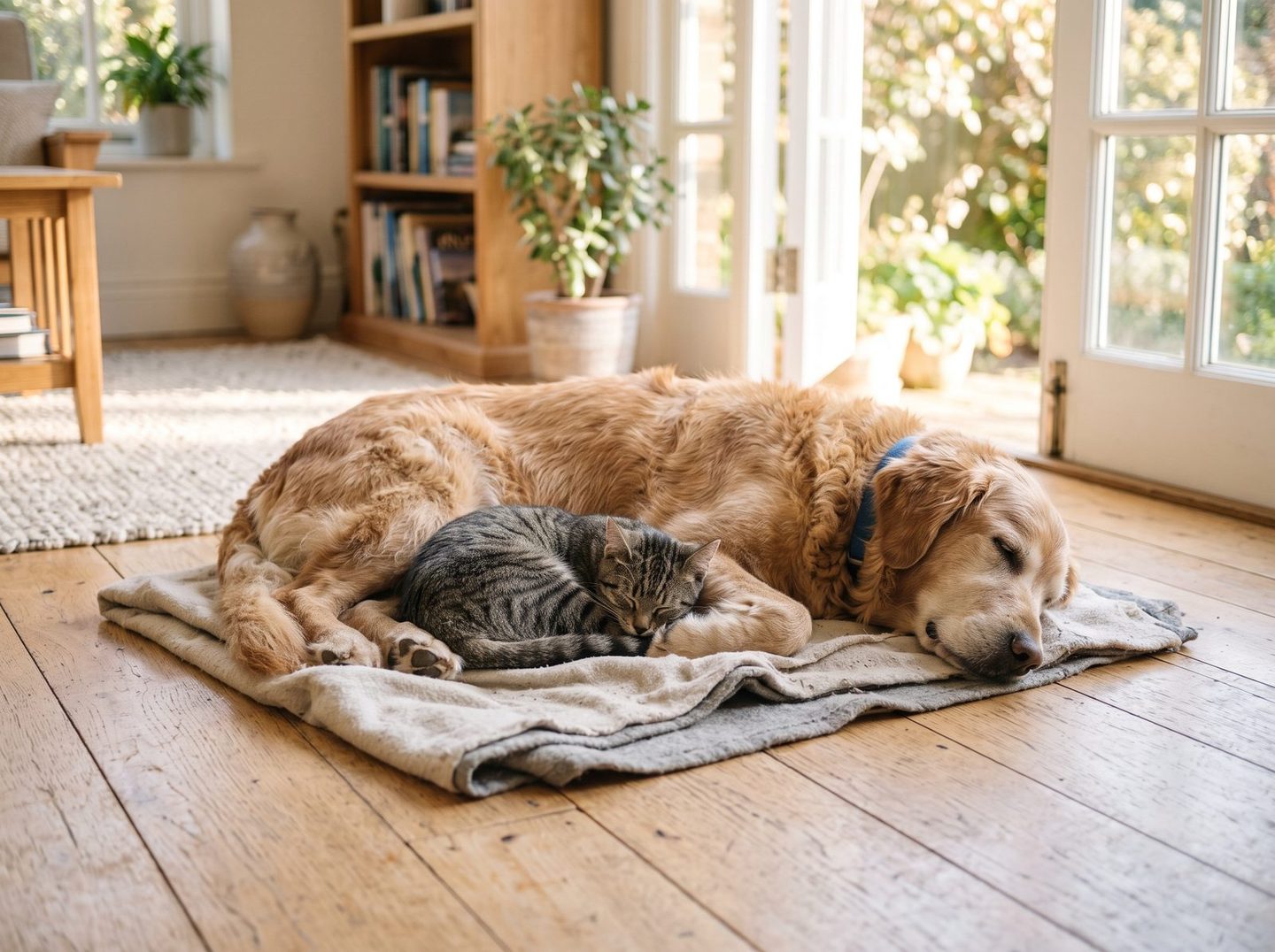 Kot i pies śpiące razem na podłodze w domu, podopieczni przychodni Animals Service